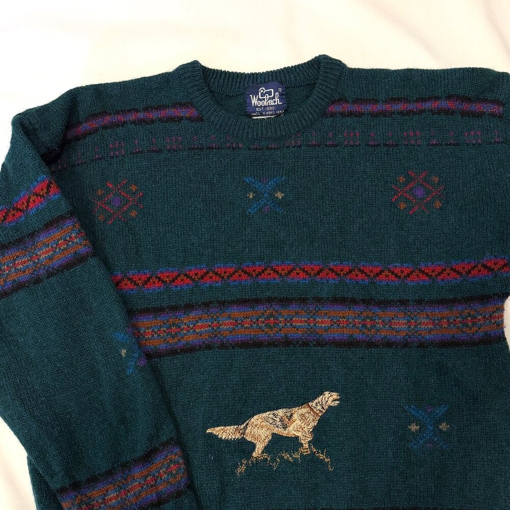 Vintage Woolrich Hunting Dog Embroidered Wool Winter Sweater Excellent Condition
